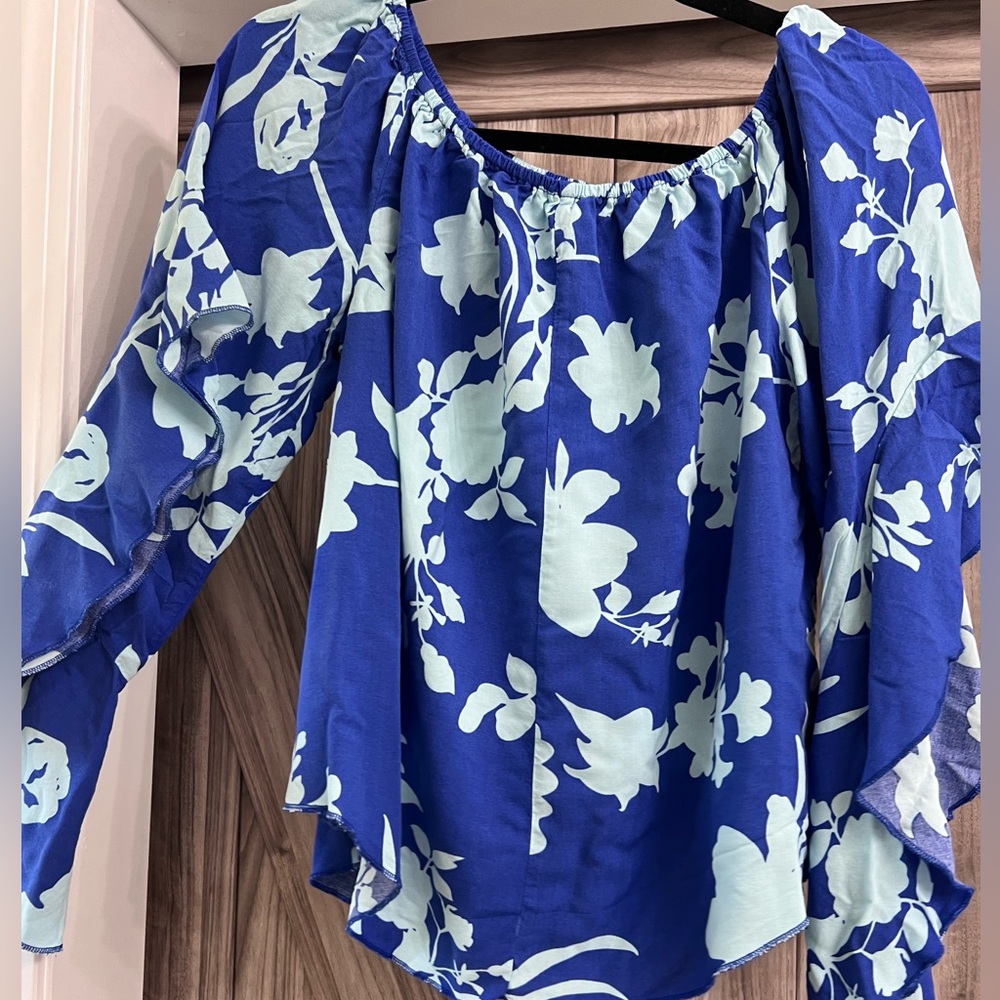 blue off-shoulder floral top